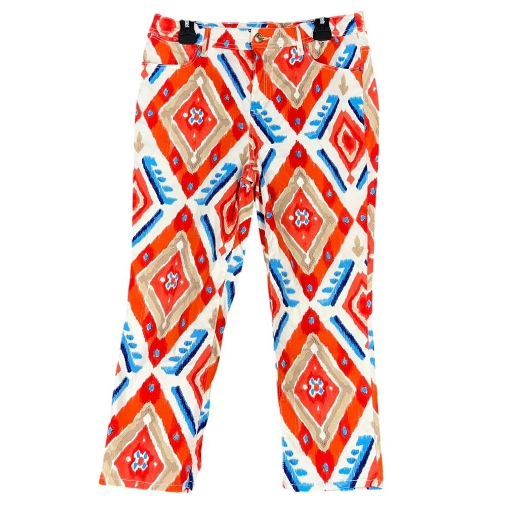 Chico's Platinum Crop Pants Size 8 Diamond Print Business Casual Artsy Eccentric